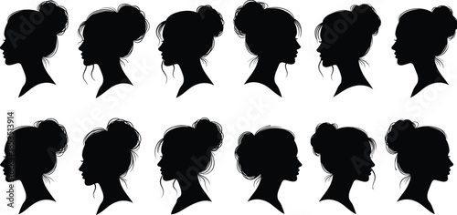 Female profile silhouette set, elegant woman head side view collection, hairstyle bun portraits, black white cad drawing flat vector illustration