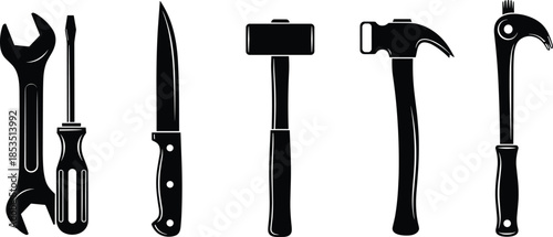 Hand tools silhouettes set illustration, wrench screwdriver knife hammer crowbar icons, construction repair equipment collection, black outline, cad drawing flat vector illustration