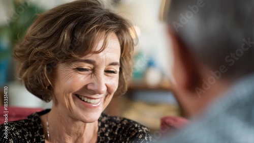 Portrait of middle aged woman talking with man indoors. Concept of aging, communication and social connection