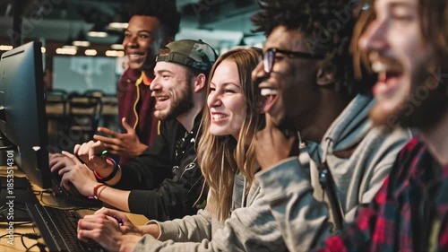 Group of friends sitting together and playing video games on computers indoors. Concept of gaming, teamwork and modern digital entertainment