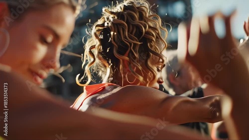 Woman stretching arms during outdoor fitness workout with other people in sunlight. Concept of healthy lifestyle, group training, physical activity and wellness