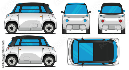 Detailed blueprint-style illustration of a small white cartoon car from multiple angles including side, front, rear, and top views.