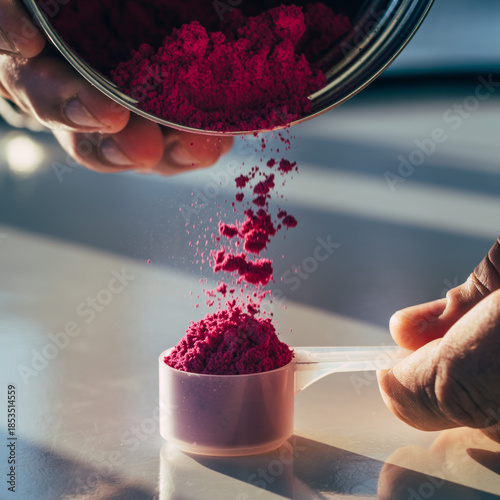 Close-up of hands pouring bright pink superfood powder, possibly beetroot or berry, from a container into a measuring scoop, ideal for healthy nutrition, supplements, and wellness concepts.