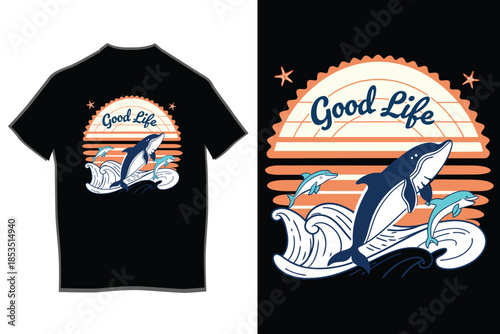 Dolphins enjoying the good life in a vintage ocean sunset graphic design on a black tee