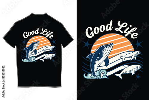 Dolphins enjoying the good life in a vintage ocean sunset graphic design on a black tee