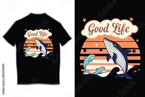Dolphins enjoying the good life in a vintage ocean sunset graphic design on a black tee