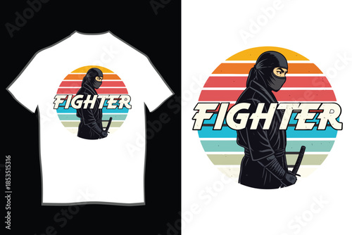 Print Red hooded fighter ninja mascot design on a black t-shirt, perfect for gamers and martial arts enthusiasts