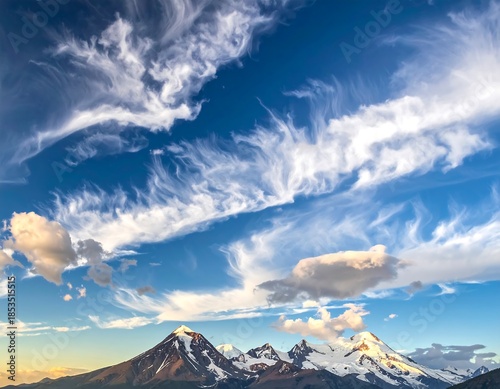 Snow-capped mountains meet a patterned blue sky dotted with light clouds at golden hour