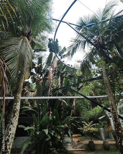 Low angle view of people on the zip coaster in a tropical jungle in Malaysia.