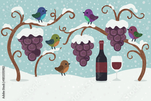 vine wine grapes , curly tree berries , bird singing,  hand drawn vintage style, winter snow falling,  wine testing ads, vector art