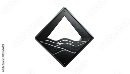 A dark gray diamond emblem features an open triangular top and wavy, layered bottom