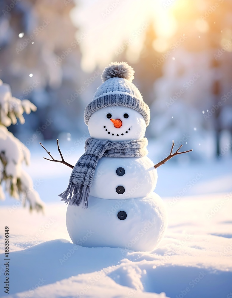 Obraz premium A charming snowman stands in snow, with sunlight in the background