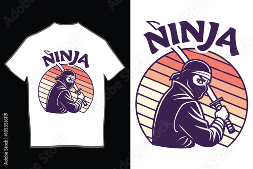 Print Stealthy ninja warrior with katana and retro sunset design on a cool black t-shirt