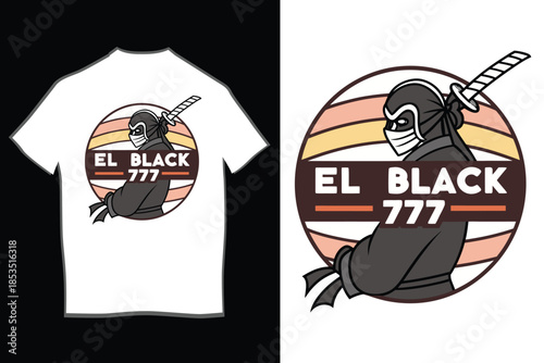 Print Stealthy ninja warrior with katana and retro sunset design on a cool black t-shirt