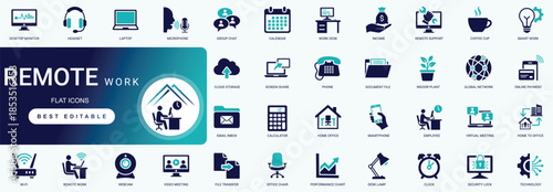 Remote work solid icon set featuring home office laptop, flexible freelance workspace, video meeting communication, and online digital productivity editable vector icons.