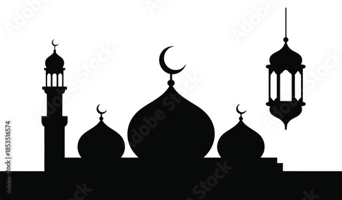 Mosque silhouette with minaret and domes with crescent moon and lantern