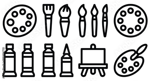 Art supplies painter palette brushes paints easel and pencil outline