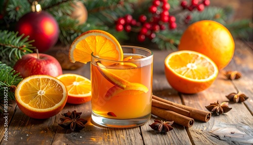 Festive drink with oranges, cinnamon, and spices, set against Christmas decorations