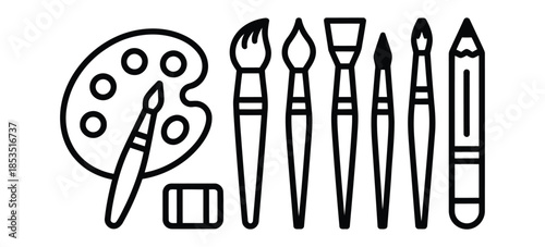 Artist palette eraser brushes pencil and painting tools outline set
