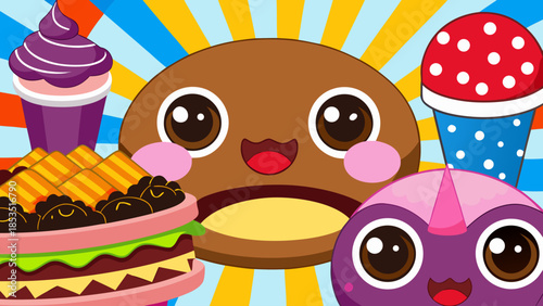 A colorful cartoon illustration featuring various cute food characters including a happy hamburger and cupcake, set against a vibrant sunburst background.