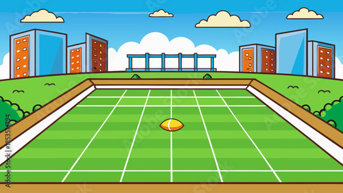 Cartoon illustration of a football field with a ball in the center and city buildings in the background