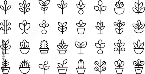 Minimalistic plant icons set with various leaf and potted plant designs