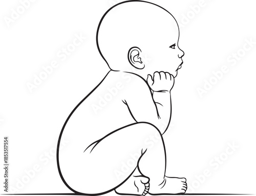 Baby sitting with hand on chin from different angle infant thinking