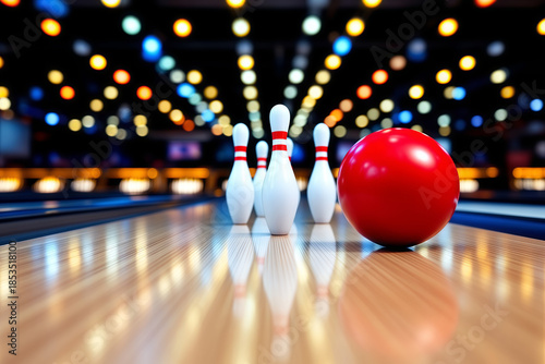 Wallpaper Mural Red Bowling Ball and Pins on a Bright Alley Lane Ready for a Strike Fun Leisure Sport and Entertainment for Friends and Family Torontodigital.ca