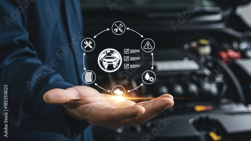 A person holding a digital interface with car maintenance icons in front of an open car hood