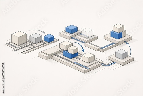 Conceptual representation of modular construction methodology illustrating dynamic rearrangement and technological integration in structural optimization and adaptive design frameworks