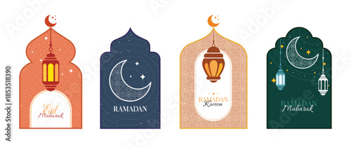 A set of four Ramadan Kareem and Eid Mubarak greeting cards featuring traditional lanterns, crescent moons, and stars inside elegant arched frames with geometric patterns.