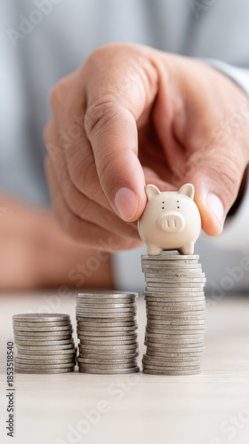 Piggy bank stacked coin tower showing financial growth and saving