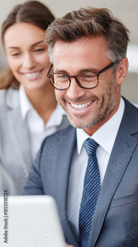 Smiling businessman and colleague working on laptop in office