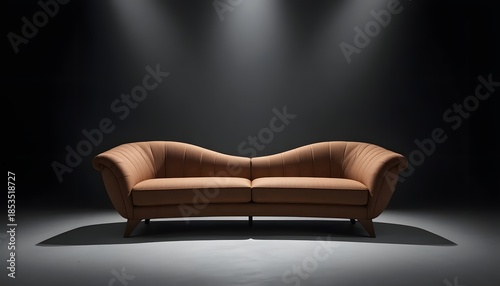 A brown sofa stands alone on a gray floor, illuminated by spotlights in a dark room.