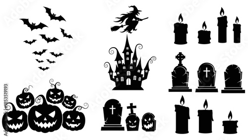 Silhouette Spooky Halloween Icon Collection With Bats Pumpkins Witch Castle Tombstones and Candles