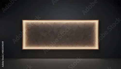A rectangular frame glows softly on a dark background in a studio setting from a straight-on viewpoint