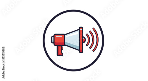 Red and white megaphone icon inside a dark circular border with sound waves, representing urgent public announcements or news.