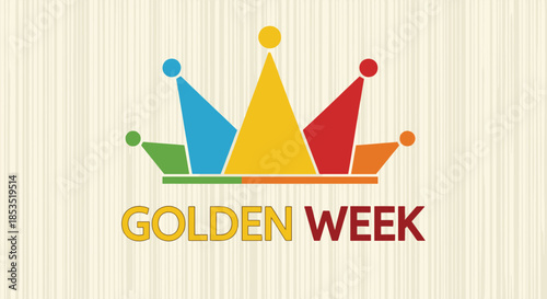 Golden Week holiday promotional banner with a multi-colored crown icon and bold text over a textured light pinstripe background.