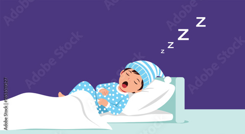 Young child sleeping soundly in a bed wearing polka dot pajamas and a nightcap, featuring sleep symbols on a deep blue background.