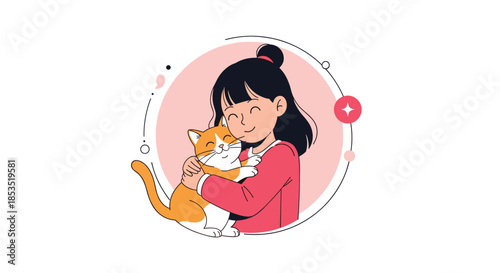 Sweet illustration of a young girl cuddling her orange cat inside a circular frame with minimalist graphic shapes and stars.