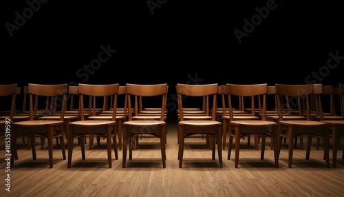A row of wooden chairs arranged symmetrically on a wooden floor against a dark background