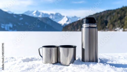 Snow-covered ground hosts two metal cups and a thermos, with mountain backdrop and clear blue sky in distance