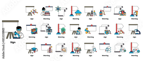 A cartoon of a man in a lab coat with a sign that says "Sign" above him