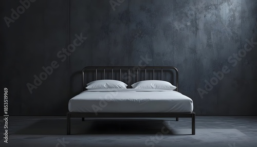 A minimalist bed frame with white bedding in a dark, modern room with a concrete wall and floor, viewed from the front.