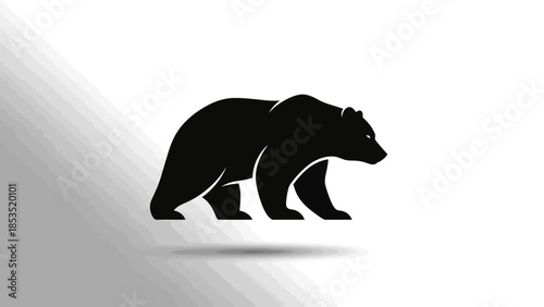 Black silhouette of a bear walking with a subtle shadow on a white and grey gradient background, a stylized graphic illustration.