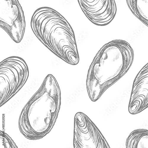 Seamless pattern of fresh mussels. Hand-drawn vector illustration. Black and white image of seafood. Separate from the background. Perfect for menus, recipe books, packaging, labels, textile, and more