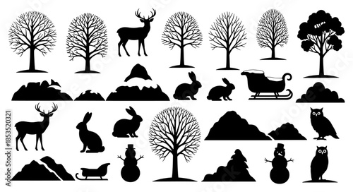 Big set of christmas winter silhouette black