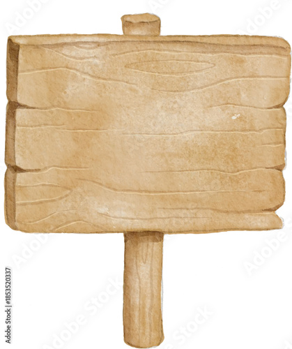 Hand-painted watercolor wooden signpost illustration isolated on white background. Rustic blank wood plank banner for message, eco-friendly design element, and natural wedding stationery.