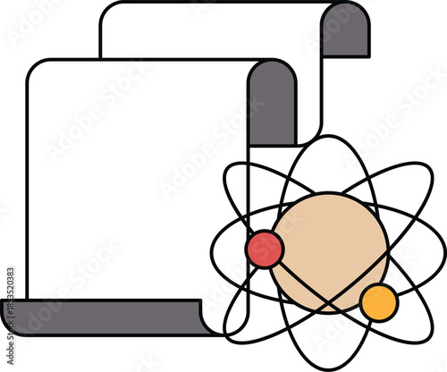 A black and white drawing of a book and a piece of paper with a spiral on it
