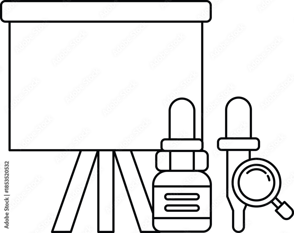 Obraz premium A black and white drawing of a projector, a bottle of medicine